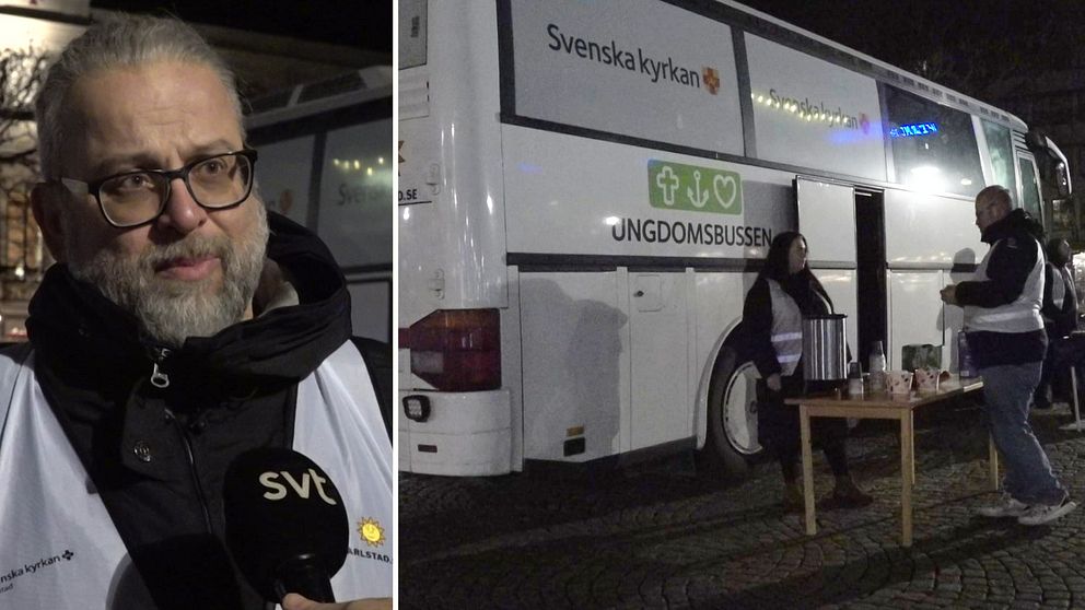 Bild på en man och en vit buss. Mannen heter Anders Holz, samordnare på Ungdomsbussen, som i kyrkans regi står på Stora torget i Karlstad på fredagskvällar. Han säger att många av ungdomarna som kommer till bussen är påverkade av narkotika.
