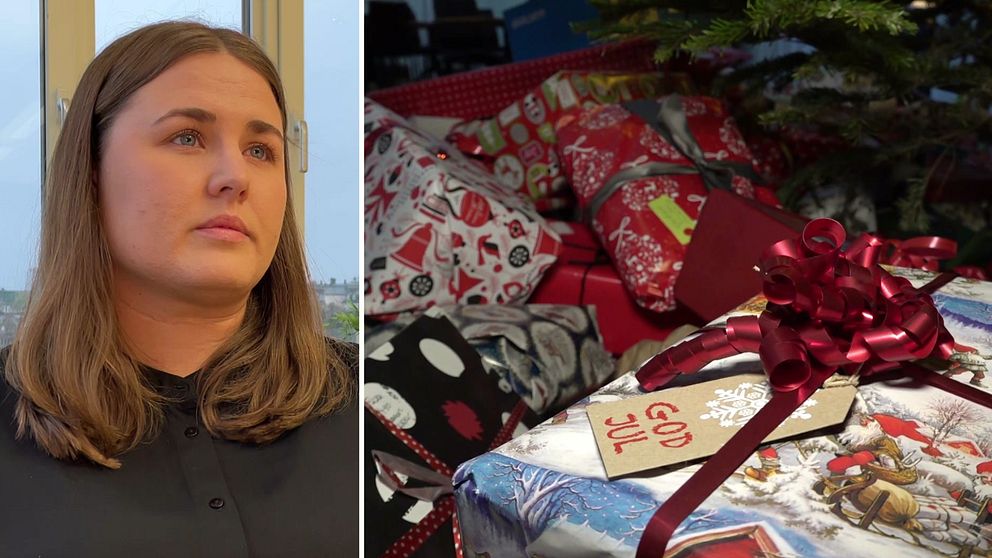 Bild på kvinna och julklappar. Kvinnan på bilden heter Hanna Bornstedt och är vägledare på Hallå konsument hon förklarar vad som gäller om du vill byta eller lämna tillbaka julklapparna