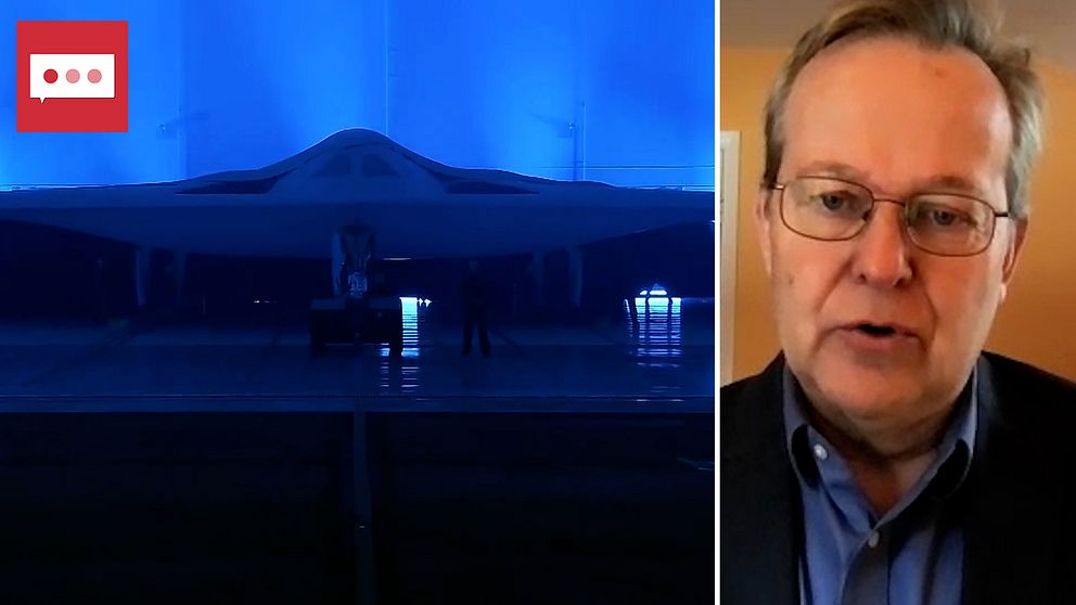 Delad bild. Vänster: Ett militärflygplan i blått ljus.