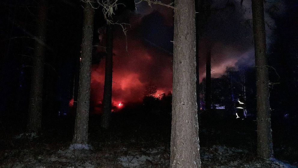När räddningstjänsten kom till platsen var huset övertänt. På bilden ser man en brand på avstånd i mörker. I förgrunden syns träd och brandmän.