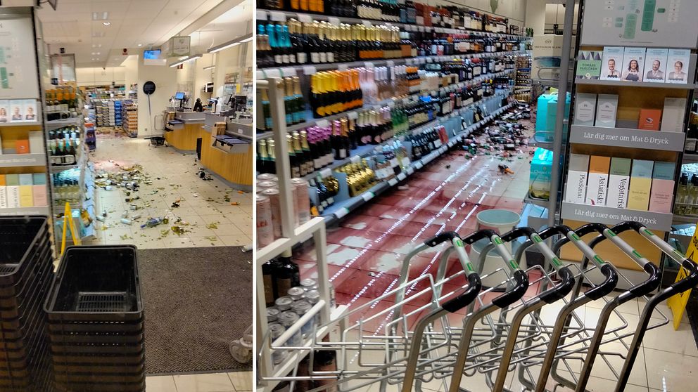 Splitbild som visar flaskor flera trasiga flaskor och hyllor med alkohol inne på ett Systembolag.