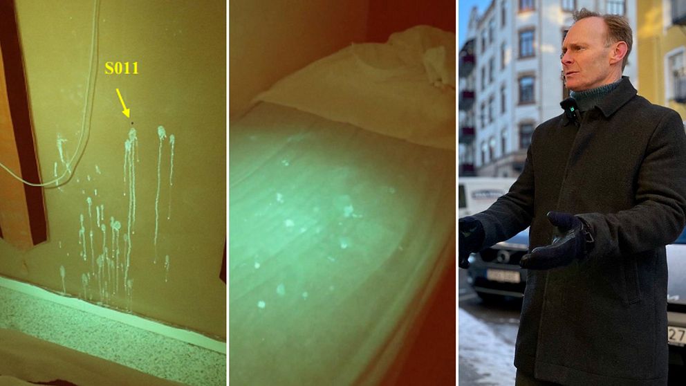 Polisens bilder visar på vitafläckar på en vägg och på en säng, delad bild med en man (kommissarie Peter Ljundahl).