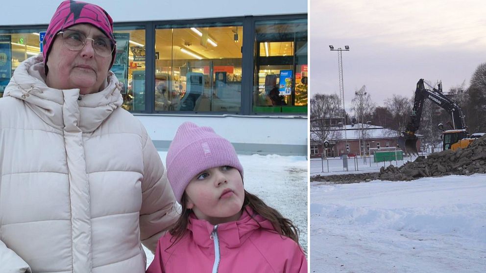 En kvinna och en flicka utomhus i Sollefteå. Butik i bakgrunden