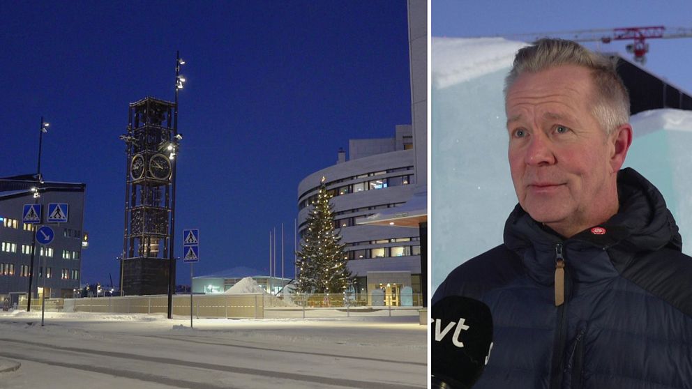 Till vänster: Bild tagen utanför Kirunas stadshus. Till höger: Bild på Mats Taaveniku som svarar på frågor inför eu-toppmötet i Kiruna.