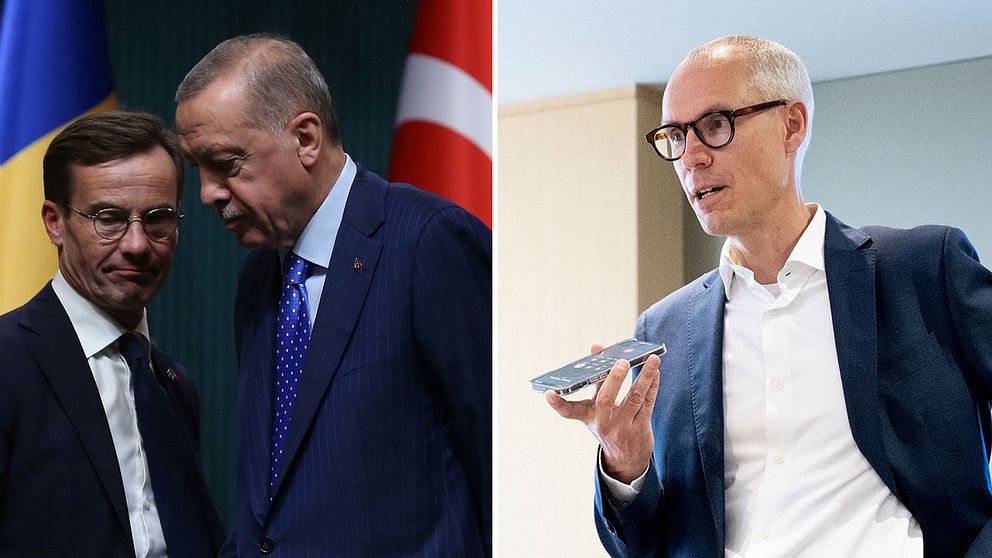 Tvådelad bild. Till vänster Sveriges statsminister Kristersson samt Turkiets president Erdogan. Till höger chefsförhandlare Oscar Stenström.