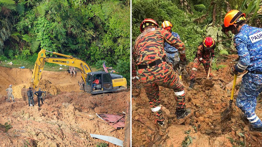 Räddningsarbetare letar efter offer till det jordskred som drabbade ett område i delstaten Selangor, Malaysia, under fredagen.