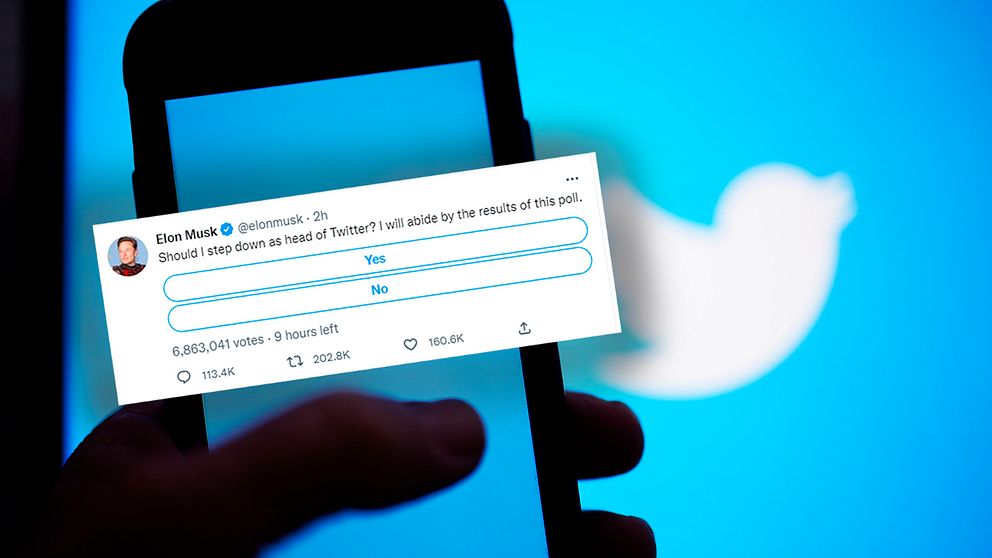 Elon Musk vänder sig till Twitteranvändarna i ett inlägg på appen – ”Ska jag avgå som chef? Jag kommer att följa resultatet” står det i hans omröstning.