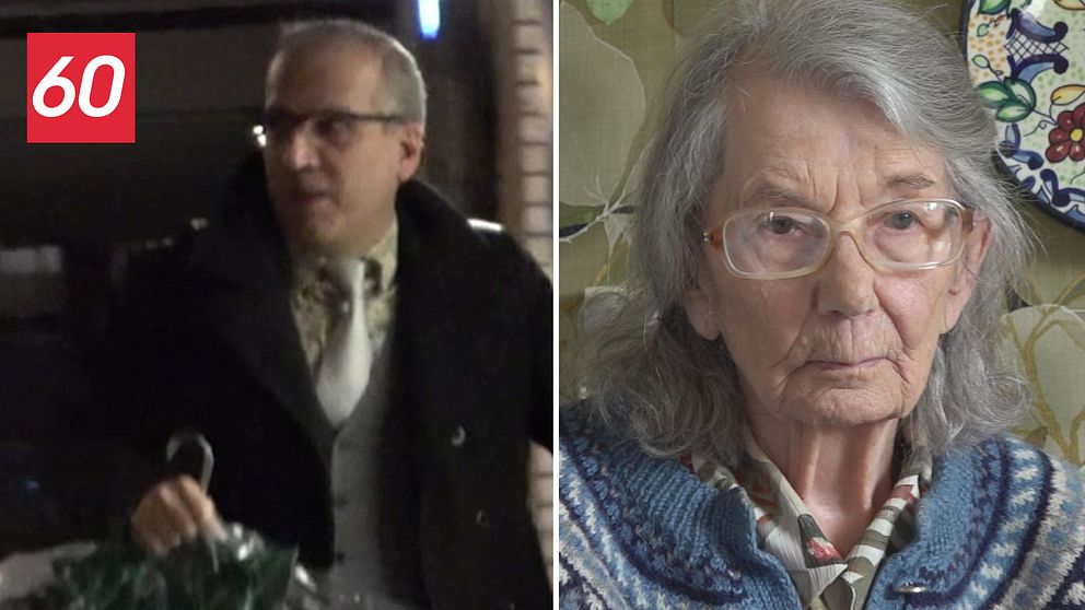 Bild på juristen Soheil Naderi som lurar äldre demenssjuka klienter att skriva under gåvobrev där de ger bort sina hem och förmögenheter till honom. Till höger syns en av de drabbade, Ingeborg Spohn