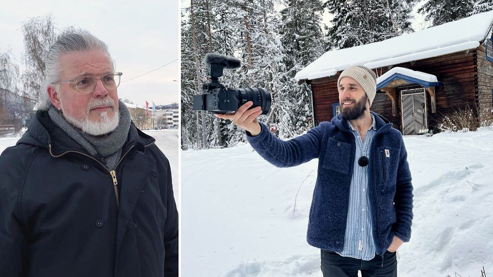 En bild på två personer, Thomas från kommunen till vänster och youtubern Kalle Flodin till höger. Han håller en vloggkamera och filmar sig själv och ler.