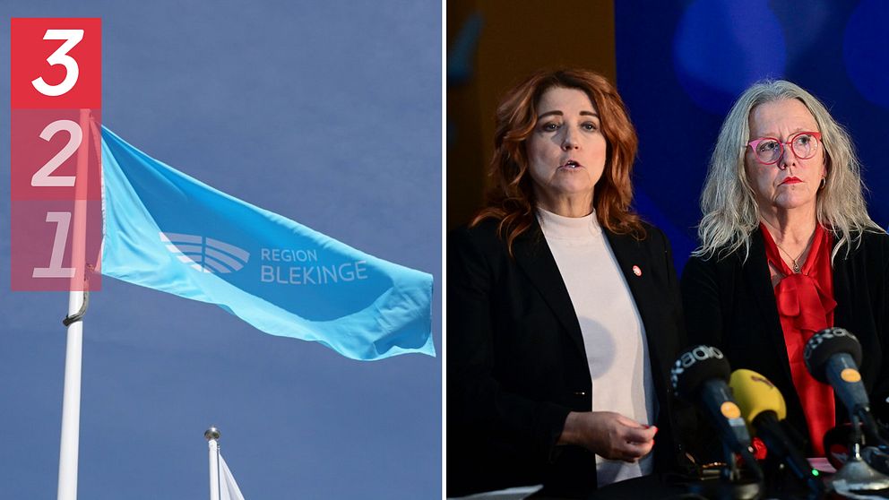 En flagga där det står Region Blekinge på och en bild på Sölvesborgspolitikerna Birgit Birgersson Brorsson (S) och Kith Mårtensson (M).