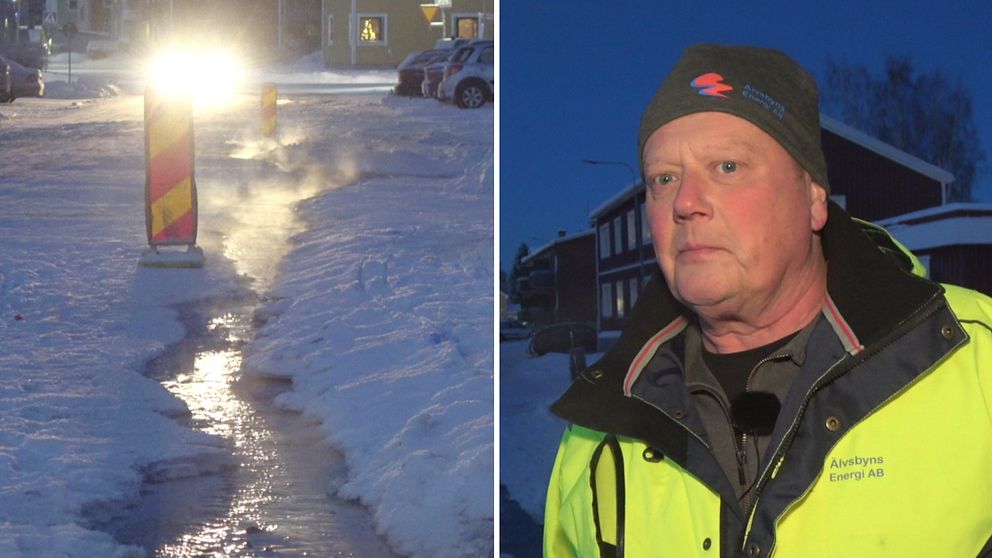 Bild på vattenläckan i Älvsbyn till vänster. Roger Viklund till höger.