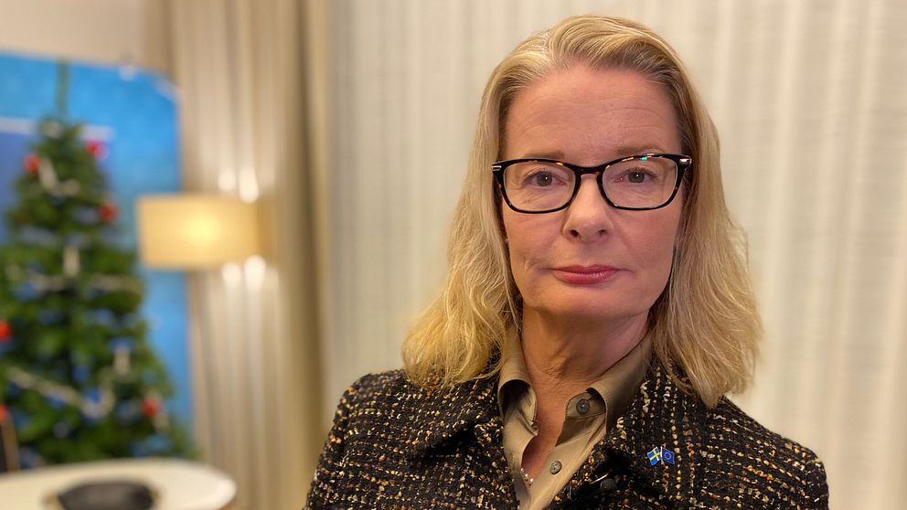Bild av utbildningsminister Lotta Edholm iklädd kavaj och glasögon.