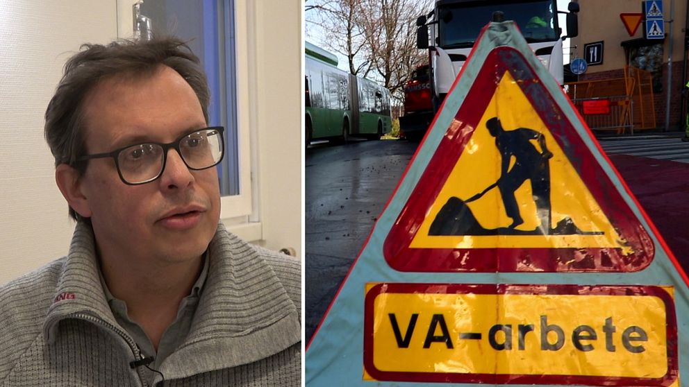 Magnus Bäckström till vänster. En varningsskylt på en gata där det står ”VA-ARBETE”.