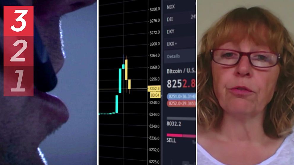 bild på tre motiv: till vänster en närbild på en man som pratar i telefon, i mitten en bild på en bitcoin-graf på en datorskärm, till höger en bild på en kvinna som är polis, hon har halvlångt hår och glasögon med rödlila bågar