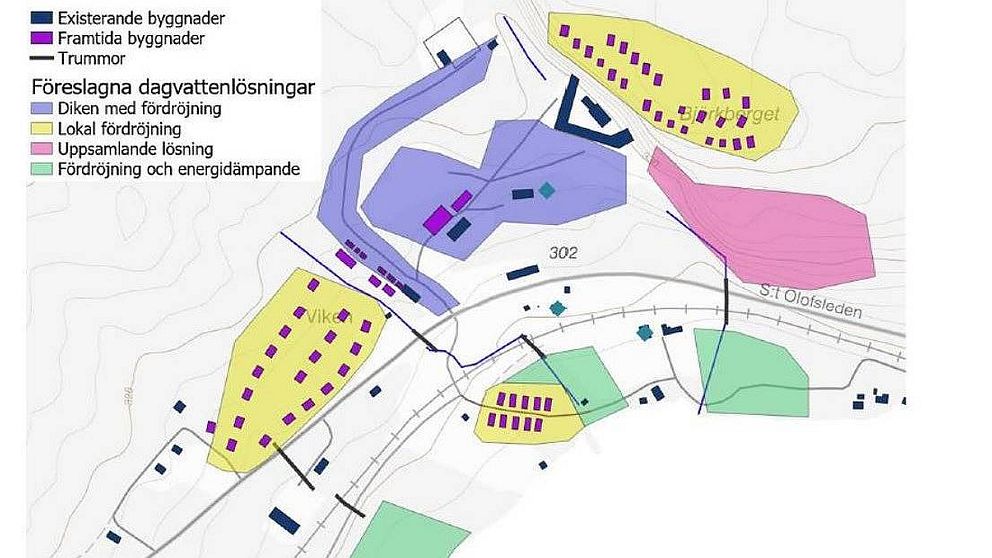 På bilden ser man var det är tänkt ny bebyggelse runt Mid Sweden 365 i Gällö. De nya byggnaderna är markerade i lila färg.