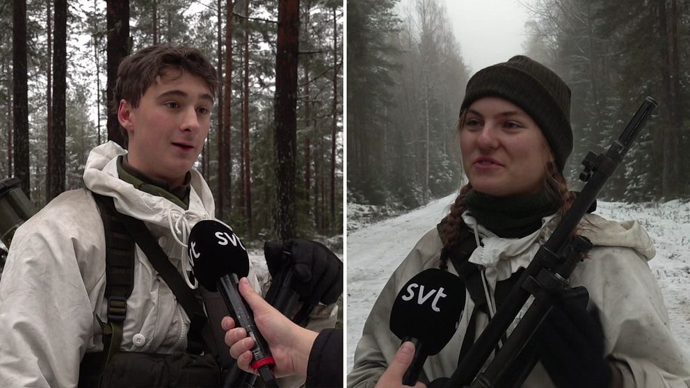 Tvådelad bild. Till vänster: person intervjuas i skog. Till höger: person med gevär i vinterlandskap.