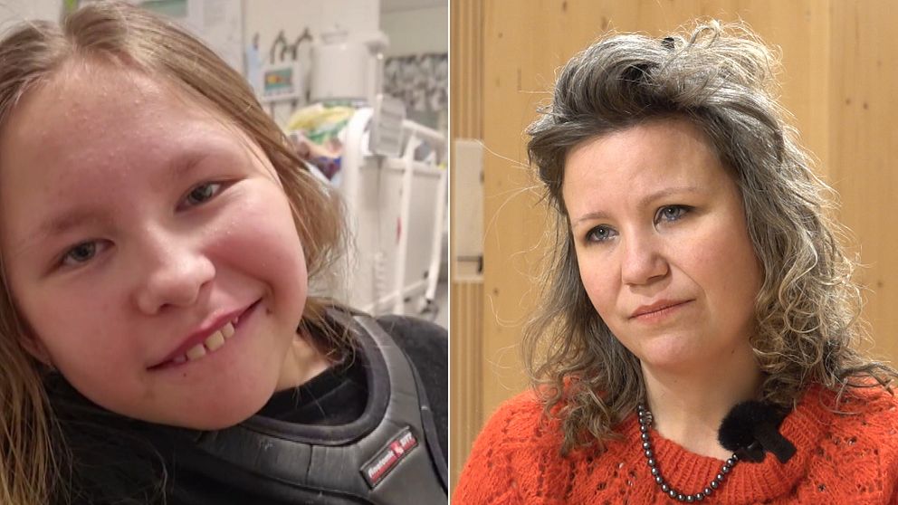 Till vänster bild på Luna som ler på sjukhuset, till höger bild på Emma som intervjuas på Kulturhuset i Skellefteå. Hon har brunt hår, röd tröja och ser allvarlig ut.