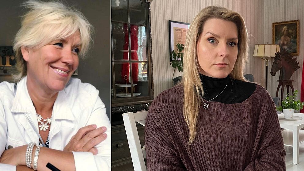 Splitbild. Till vänster en kvinna i 60års-åldern med ett stort leende och blont hår. Till höger en ung kvinna med ljust hår som allvarligt tittar in i kameran.