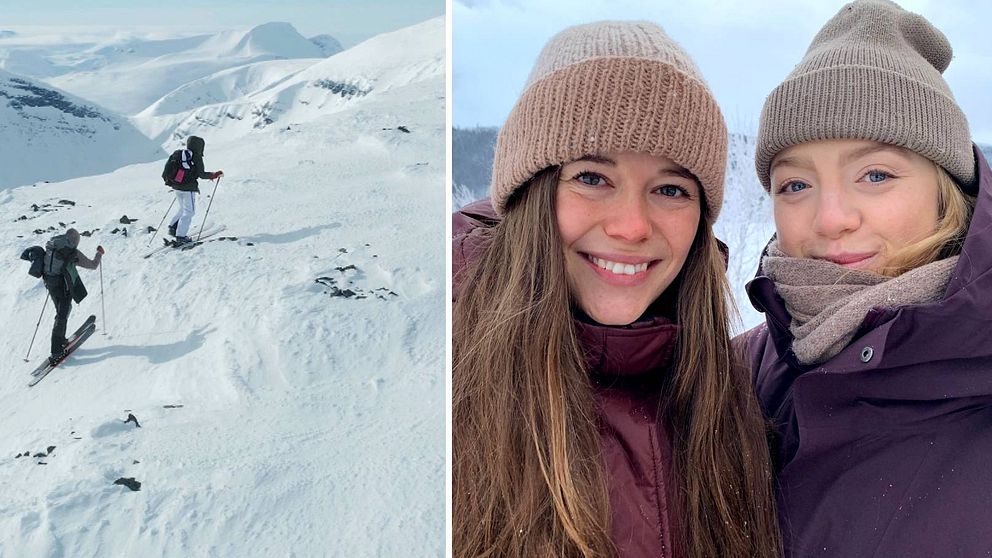 Två bilder: Till vänster syns Ebba Forsgren och Moa Wärvik åka turskidor uppför ett snötäckt fjäll. Bilden till höger är en porträttbild tagen utomhus där de båda ser glada ut när de berättar om sin nya skiddokumentär ”Till fjälls”