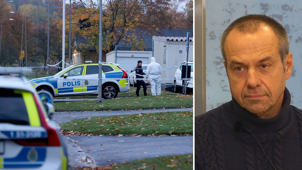Bild från parkeringsplatsen där mordet skedde, det är avstpärrat och polisbilar syns, delad bild med en man (utredningsledaren Göran Sundström)
