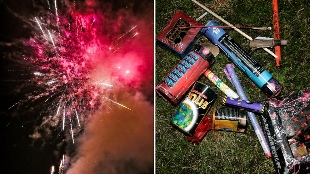 Montage: Till vänster en bild på en explosion av fyrverkerier i himlen i rosa, silver och lila färg i Sundsvall. Till höger: Rester av fyrverkerier i gröngräset dagen efter nyårsafton i Stockholm.