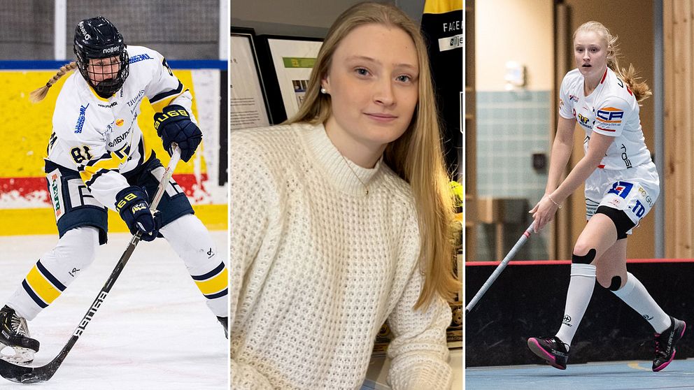 Tre bilder på Mira Markström från Jönköping, som spelar hockey i HV71 och innebandy i JIK. Till vänster en bild på henne från en hockeymatch, i mitten står hon hemma i sitt rum och till höger en bild från en innebandymatch.