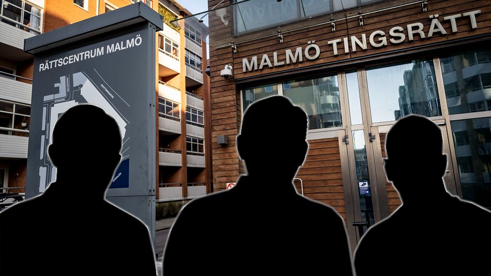 Tre siluetter av män framför Malmö tingsrätt