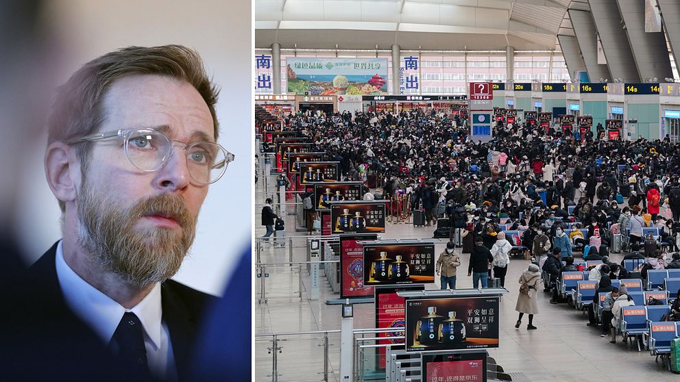 Socialminister Jakob Forssmed. T.h nyårsresenärer på en tågstation i Kina.