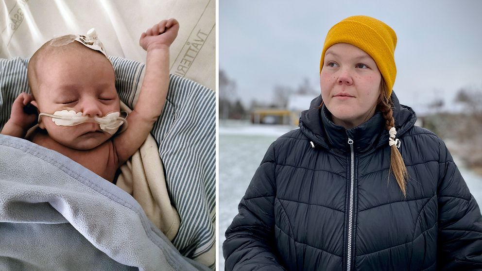 Bild på bebis med en sond i näsan och bebisens mamm Medina Toiviainen utomhus med gul mössa