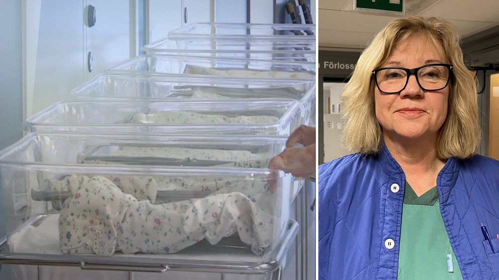 Vagnar för nyfödda, och en bild på Överläkaren Marie Vikström Bolin i blå sjukhuskläder och svarta glasögon