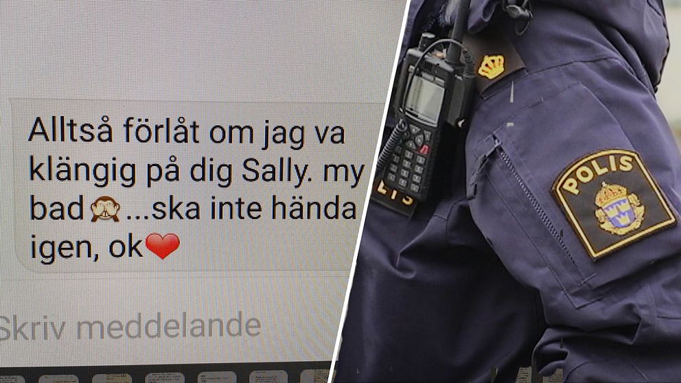 Sms från polismannen som lyder ” Alltså förlåt om jag va klängig på dig Sally. My bad... Ska inte hända igen, ok. ”  till höger är den en bild på en polis där man bara ser överarmen med polisens logotyp.