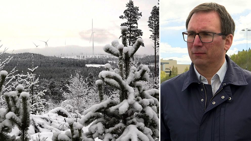 Till vänster: Landskapsbild med snötäckta träd där det i bakgrunden syns vindkraftverk. Till höger: Peder Björk, riksdagsledamot för socialdemokraterna som tidigare var kommunalråd i Sundsvall.