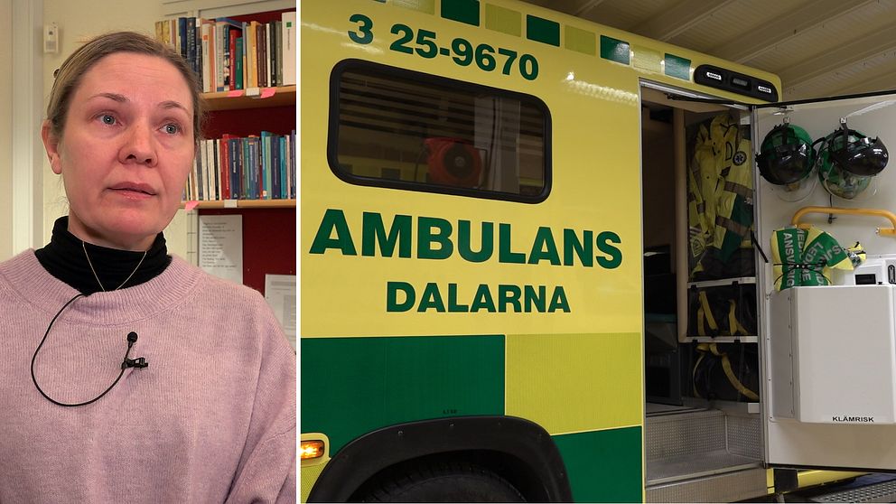 en kvinna med blåa ögon och ljusrosa tröja som är ambulanschef i Leksand, samt en ambulans til höger (bildsplitt.)