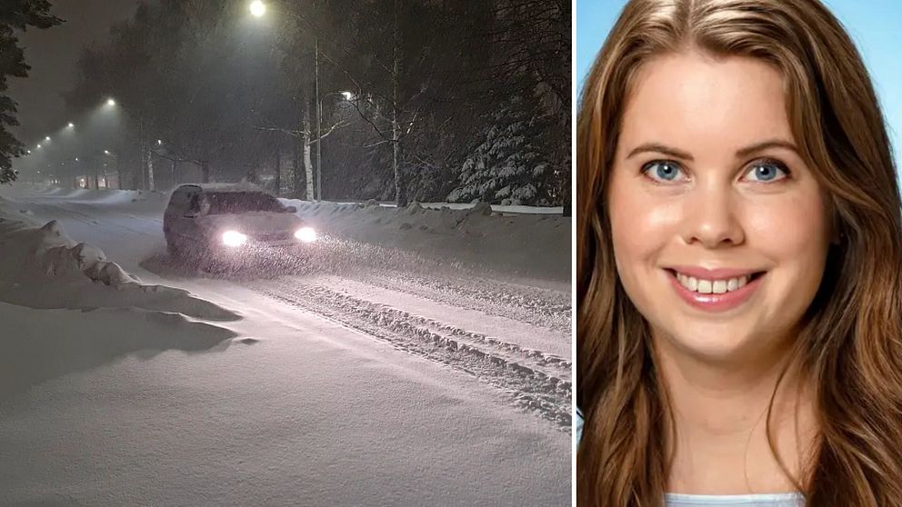 Delad bild. Den vänstra visar en bil som kör på en snötäckt väg i mörkret medan det snöar ymnigt. Den till höger visar ett porträtt av en leende kvinna med långt hår.