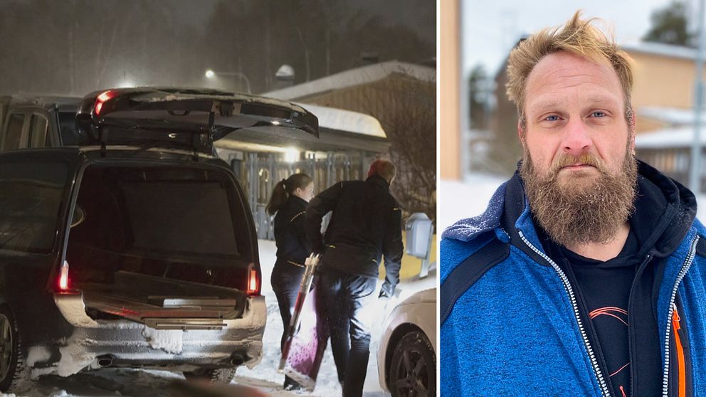 På bilden ser du Porsöbon Martin Kalldert som berättar om chocken efter att en 8-årig pojke hittats död. Du ser även en bild på två poliser från nattens avspärrning i bostadsområdet i Luleå.