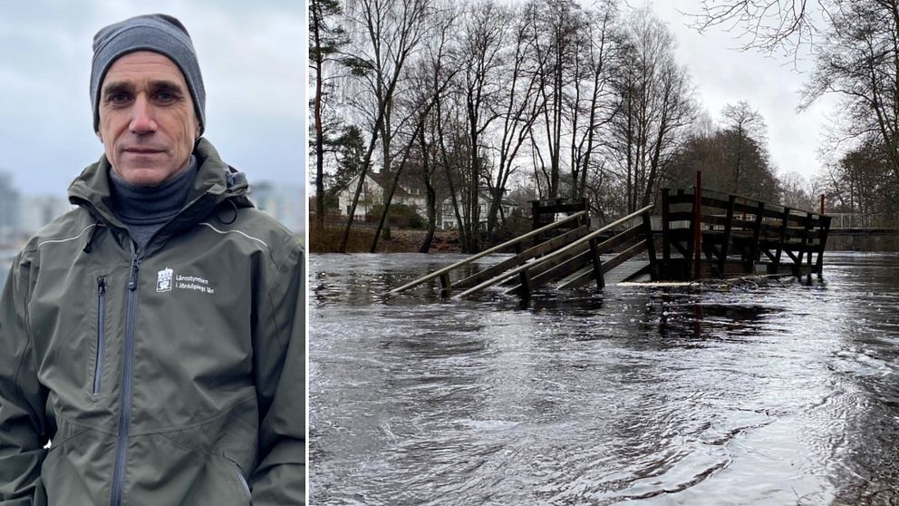 En splitbild med Måns Lindell, vattenhandläggare på Länsstyrelsen i Jönköping till vänster där han tittar in i kameran. Till höger är en bild på en brygga i Lagan som är långt under vattnet på grund av översvämningarna.