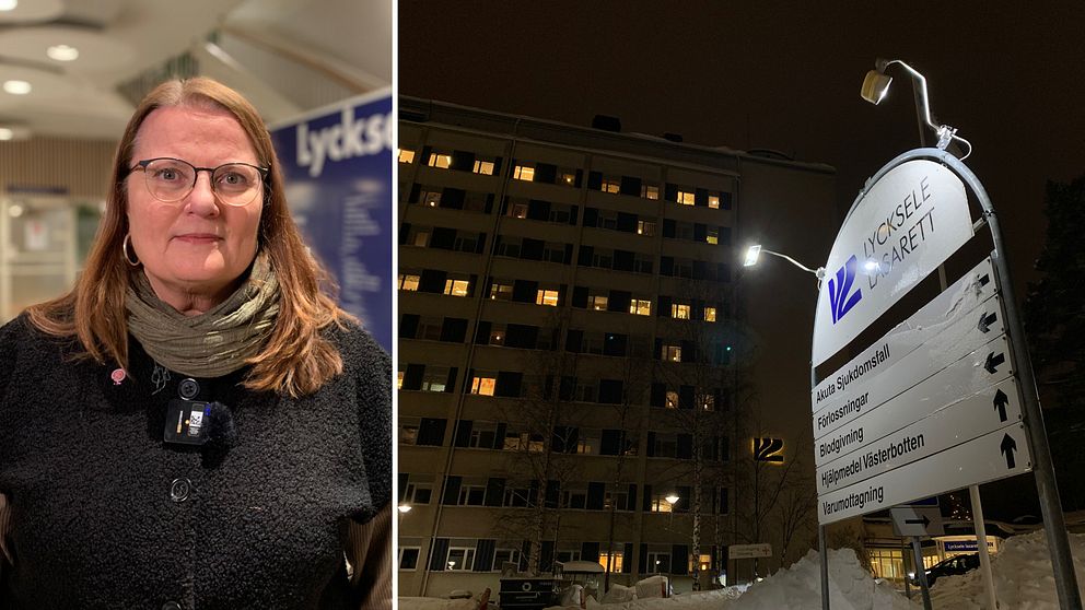 Delad bild. Till vänster Anna-Lena Danielsson, ordförande i hälso- och sjukvårdsnämnden, till höger exteriör på en sjukhusbyggnad och en upplyst skylt där det står Lycksele lasarett.