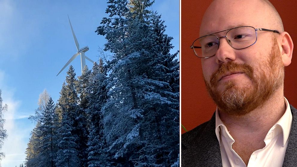 Kollage: Snötäckt tallskog med ett vindkraftverk som tornar upp sig i bakgrunden mot en klarblå himmel. Till höger en porträttbild på regionpolitikern Robert Thunfors från Sjukvårdspartiet i Västernorrland. Han har glasögon, kort hår och skägg.