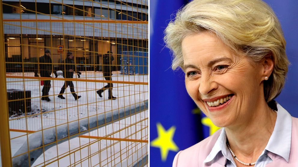 Till vänster: Bild på stängsel i förgrunden, med Kiruna stadshus i bakgrunden. Vakter passerar inför EU-toppmötet. Till höger: Bild på glad ordförande i EU-kommissionen, Ursula von der Leyen.