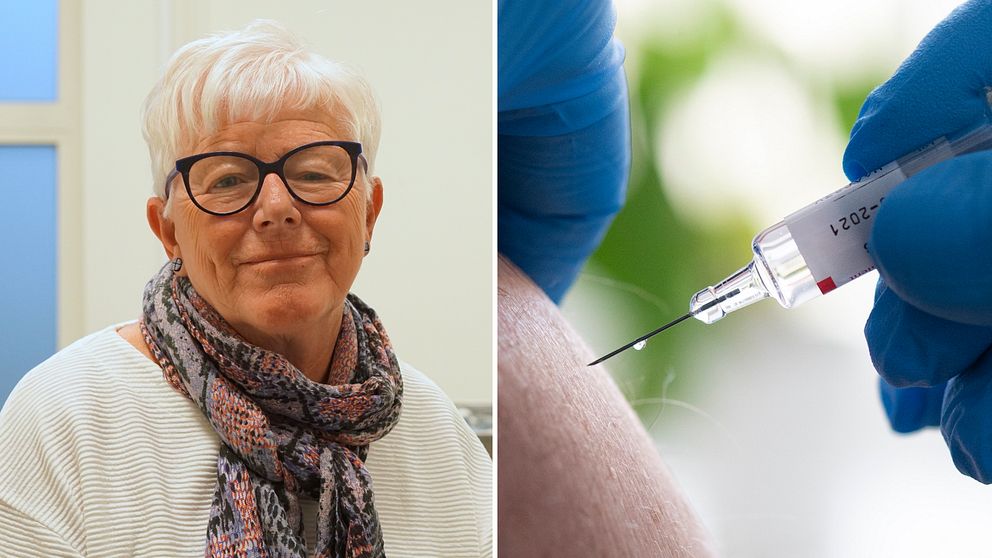 Bilden till vänster visar en vithårig kvinna i svarta glasögon som heter Eva Olausson. Hon deltar i forskning om vaccin mot urinvägsinfektion på Blekinge tekniska högskolan. Bilden till höger visar en vaccinspruta.