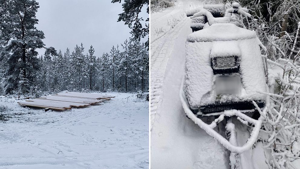 Delad bild. Vänster: Snötäckt skog med plankor på marken. Höger: Snötäckt snöskoter vid väg.