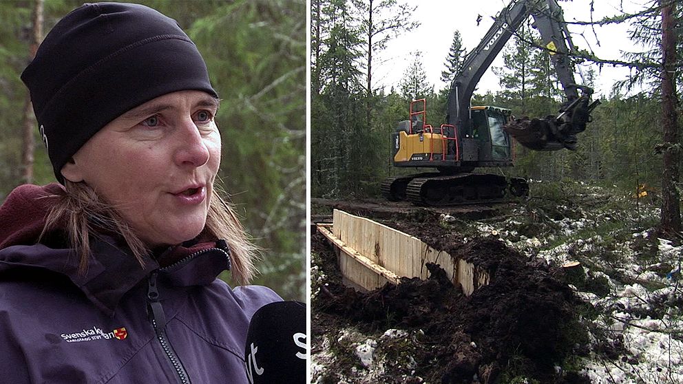 Tina Westlund på Karlstad stift i skogsmiljö med mössa på. Grävmaskin gräver i skogen.