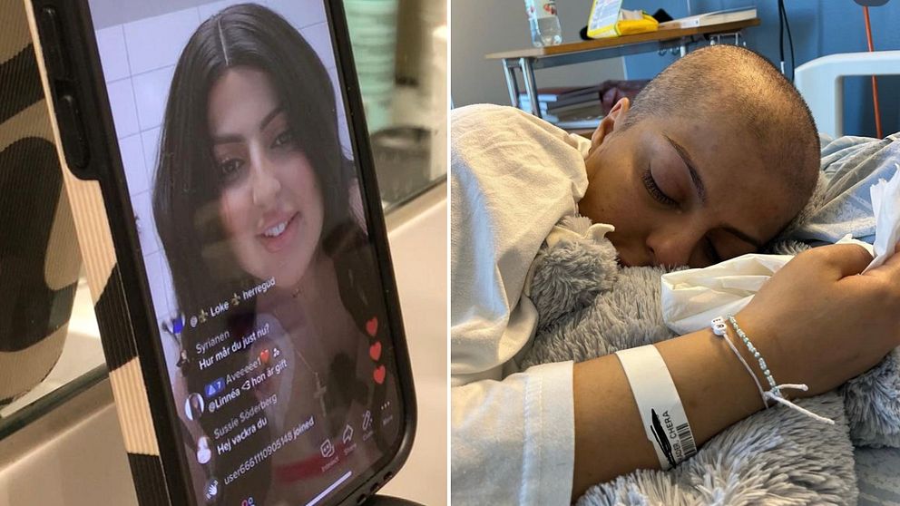 Bild på en mörkhårig kvinna i en mobilskärm som visar en livesändning på sociala medier. Även en bild på en kvinna med rakat hår som sover i en sjukhussäng. Kvinnan heter Chera Khader och har aggressiv blodcancer som hon pratar om i klipp på nätet.