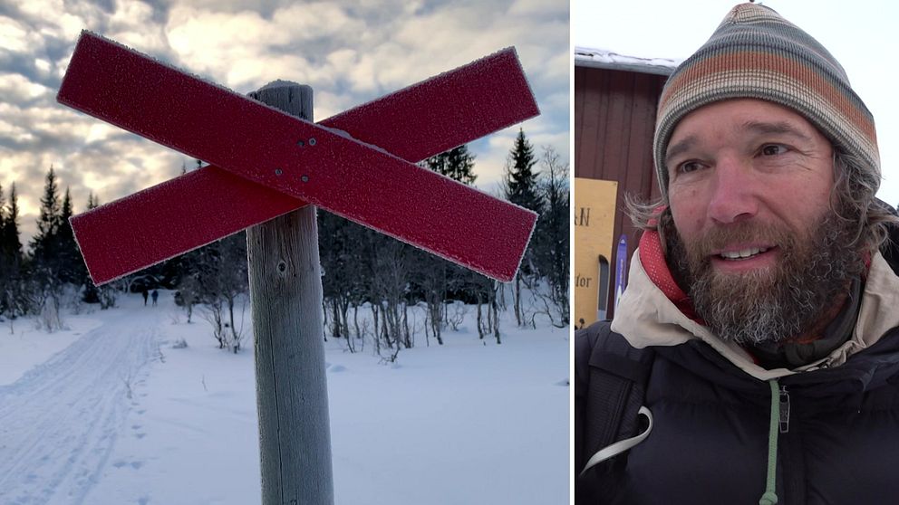 Två bilder, där den till vänster visar ett rött ledkryss i fjällmiljö vintertid. Till höger en man i helskägg och mössa.