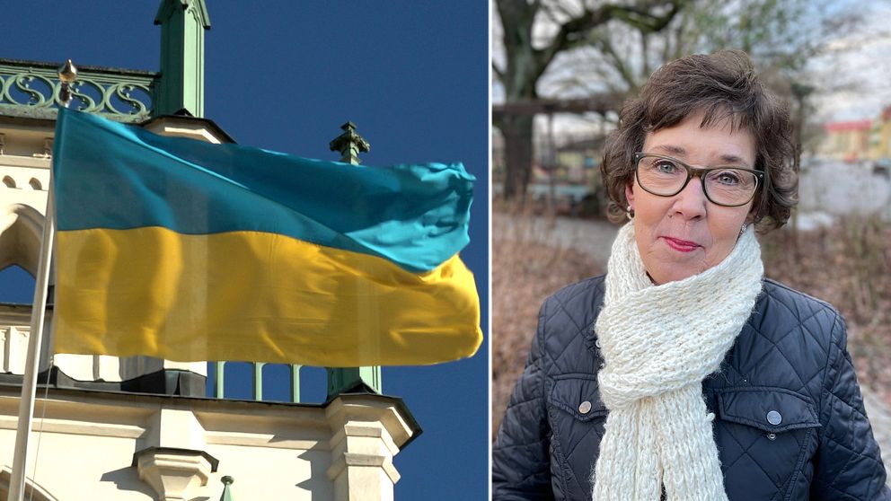 En bild på en ukrainsk flagga och flyktinguide Marie Magnusson.