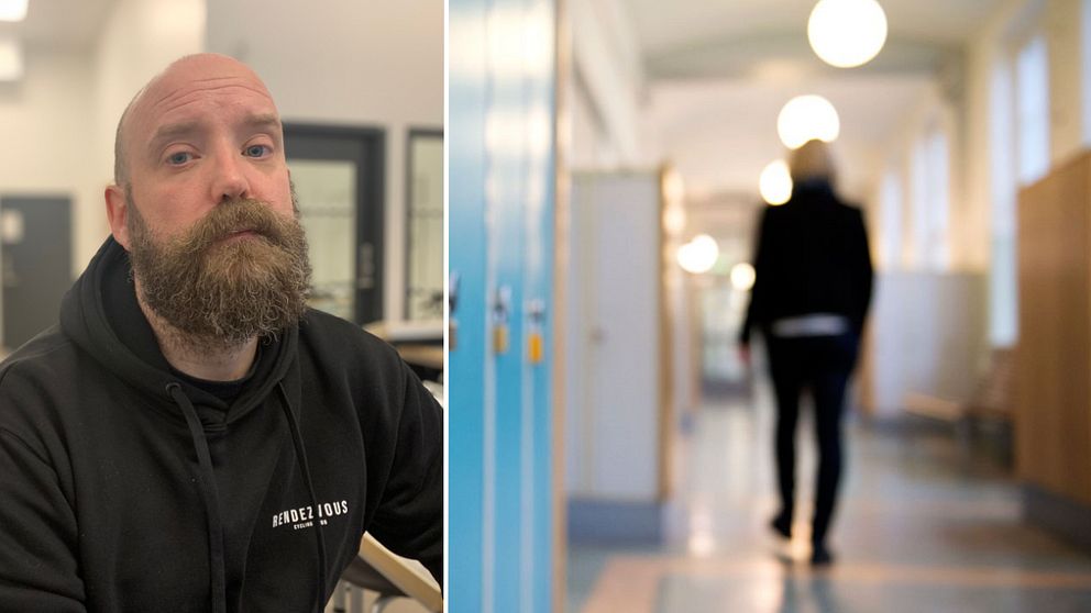 Porträtt på Henrik Persson: Medelålders man med rakat huvud och skägg. En bild på en suddig skolkorridor.