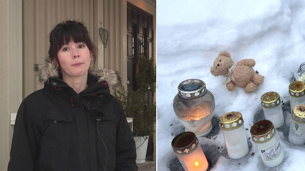 Till vänster en rörd Jenny Borsgård och till höger ett gäng ljus utanför lägenheten där 8-åringen misstänkt mördats.