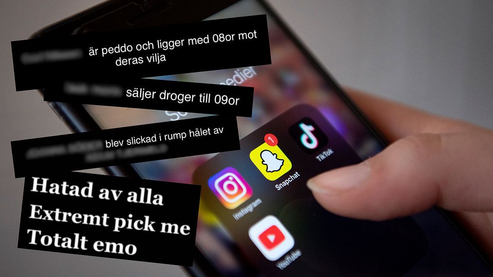 I bakgrunden syns en mobiltelefon och en ung persons hand, i framgrunden har SVT klippt in taskiga saker som skrivits till ungdomar i Hälsingland på sociala medier.