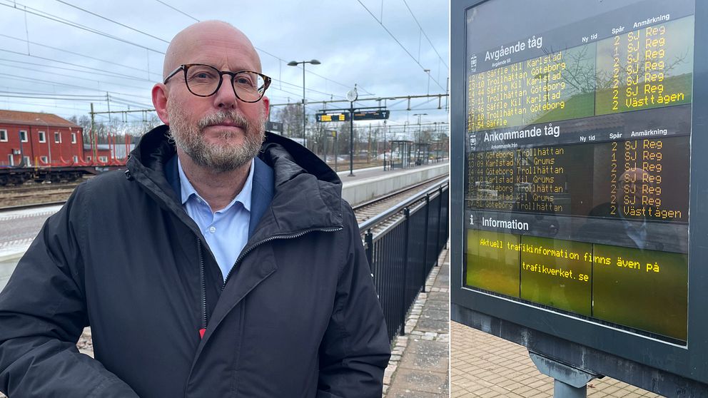 Åmåls kommundirektör Jan-Erik Samuelsson framför järnvägsspåren. En bild på en avgångstavla utan morgontåg.
