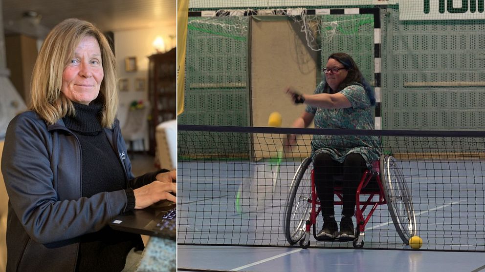 Två bilder. Till vänster: Ewa Anemyr som är konsulent på Parasport Småland sitter och jobbar framför datorn. Till höger: en rullstolsburen paraidrottare spelar tennis.